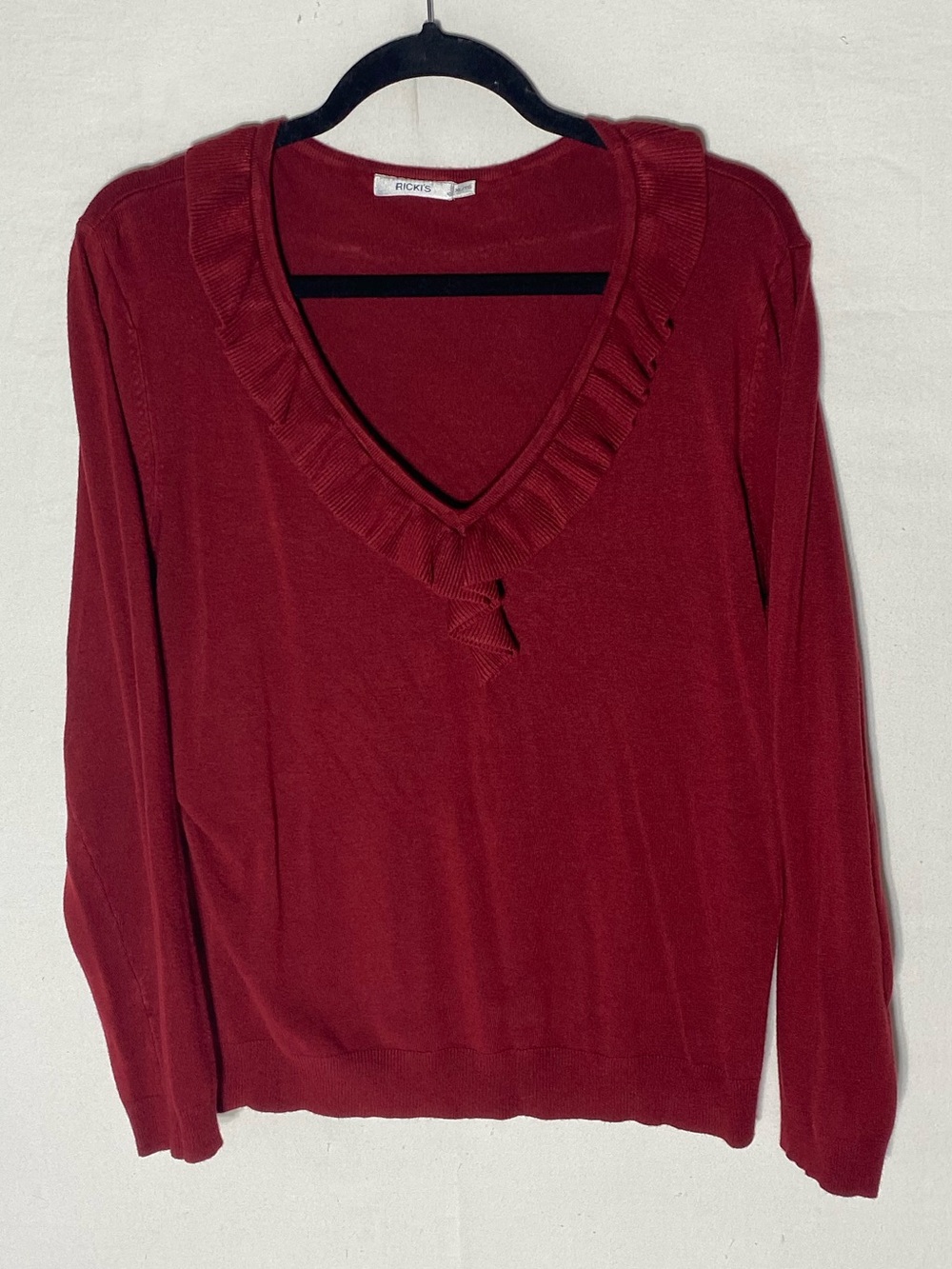 Ricki’s Burgundy Red Ruffle V Neck Rayon Blend Knit Sweater Top XL - Picture 14 of 14
